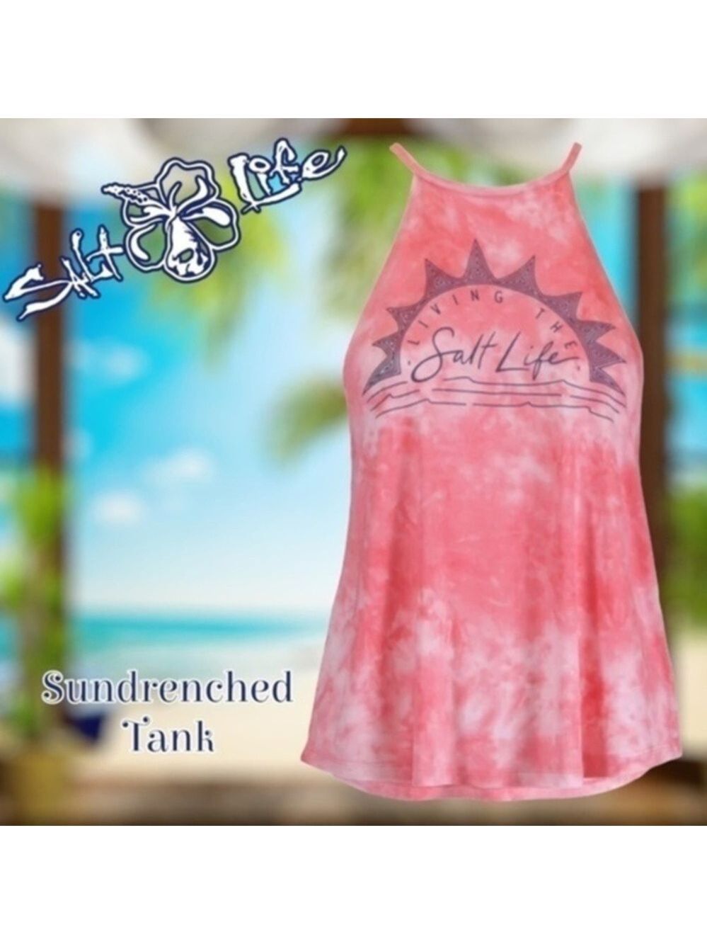 SALT LIFE Sundrenched Tie-Dye Halter-Style Relaxed Long Tank Top-NWT/Coral